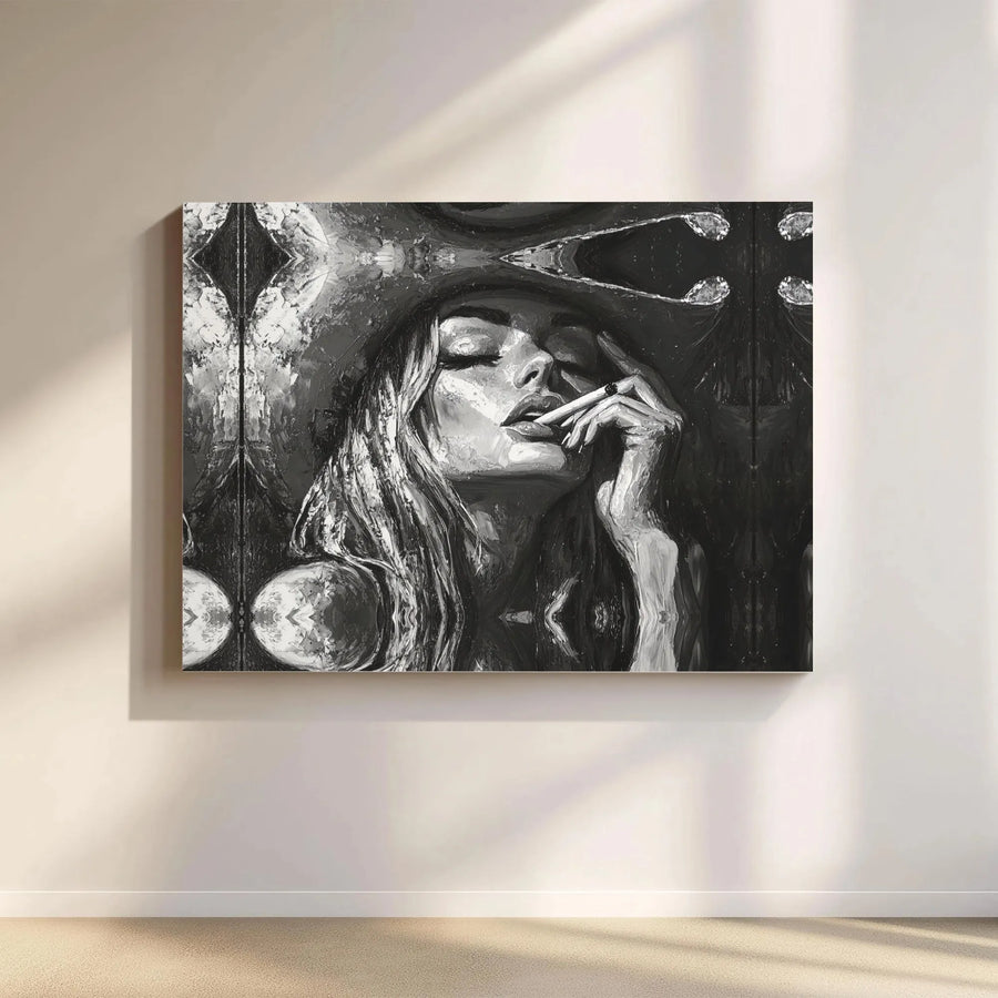 Woman Smoking Canvas Wall Art | Noir Fashion Portrait Print | Premium Gallery-Wrapped 1.25-Inch Profile | Edgy Sophisticated Home Decor Gift