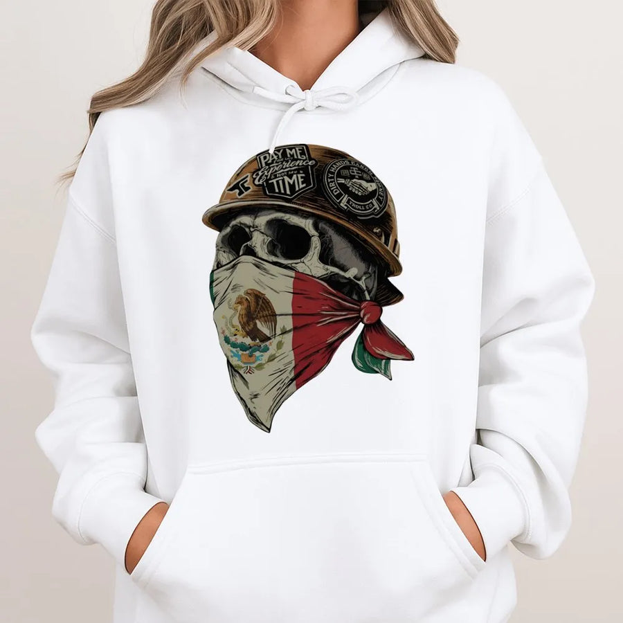 Mexican Flag Skull Hoodie | Hard Hat Construction Design | Premium Cotton Blend Apparel | Unique Gift for Blue Collar Worker, Dad or Tradesman