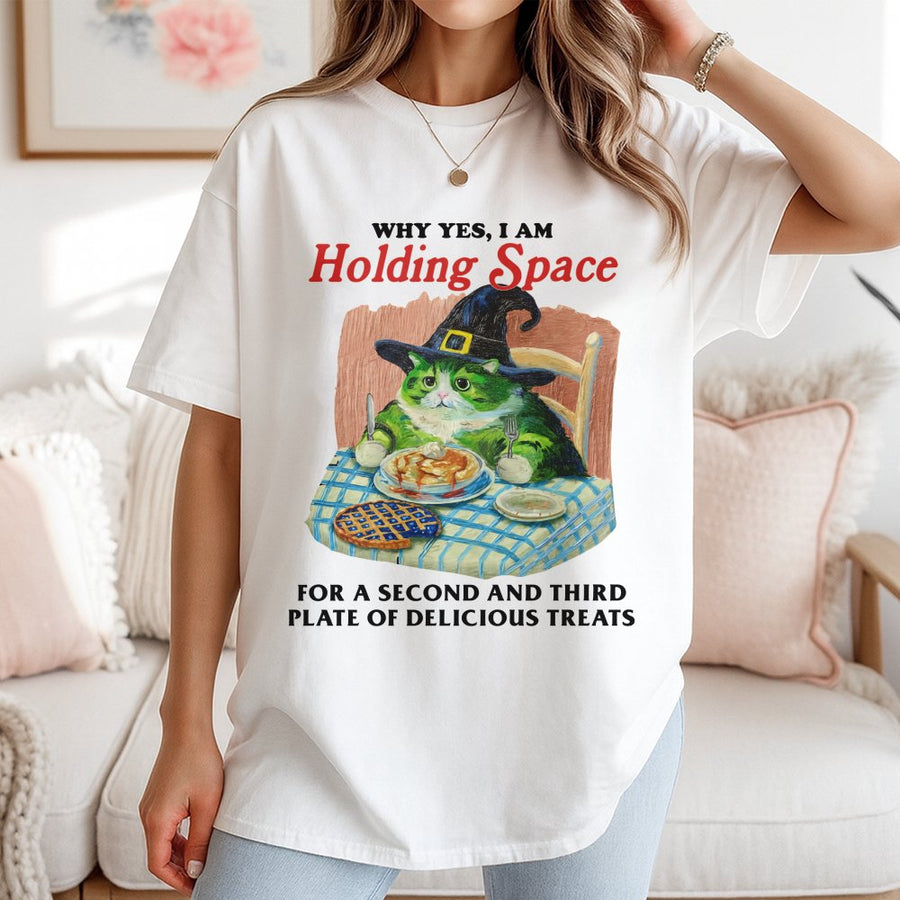 Funny Witch Cat T-Shirt | Holding Space For Treats Graphic Tee | Soft Cotton Premium Apparel | Cute Animal Lover Gift For Women And Men