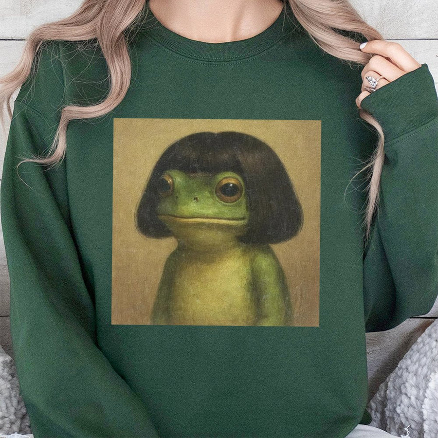 Frog With Bob Haircut Sweatshirt | Quirky Meme Animal Graphic Print | Premium Cotton Blend Crewneck | Funny Animal Lover Gift For Adults
