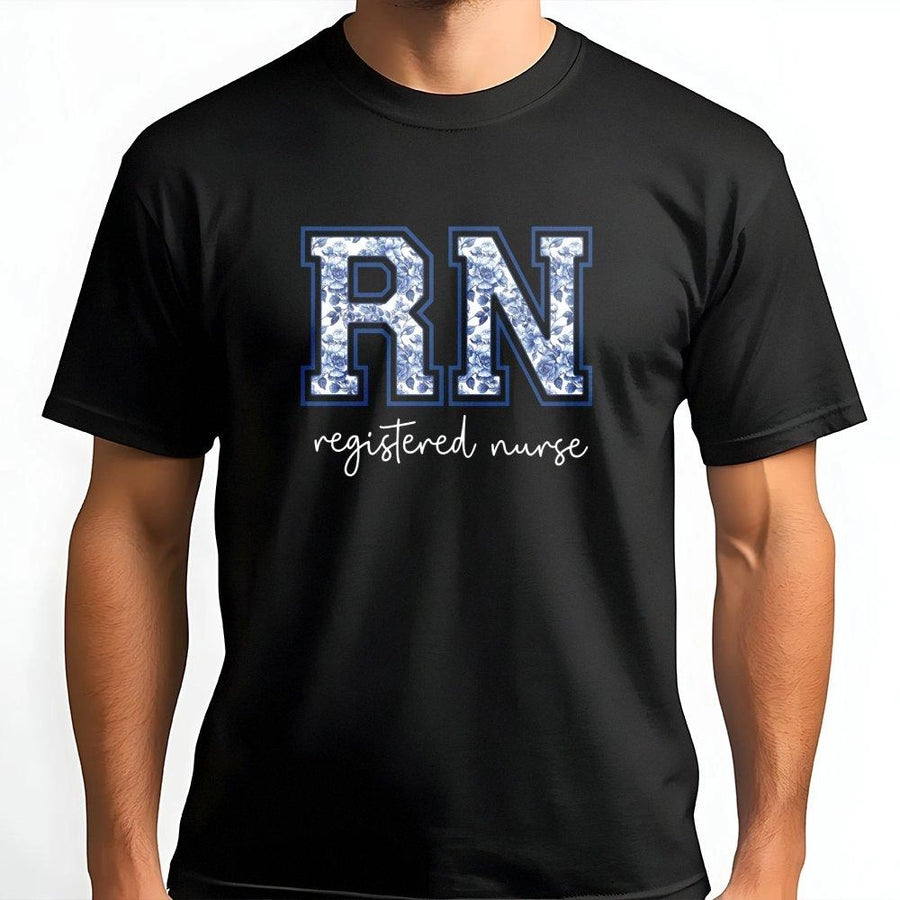 RN Registered Nurse T-Shirt | Blue Toile Floral Lettering Design | Premium Cotton Apparel | Gift for Nursing Student Graduation or Nurse Appreciation