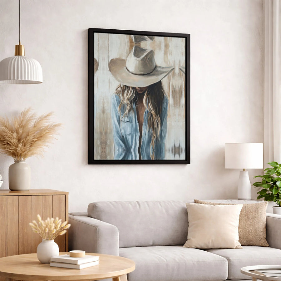 Cowgirl Western Wall Art | Blue Denim Fashion Canvas Print | Premium Gallery Wrapped Decor | Gift for Country Home Aesthetic