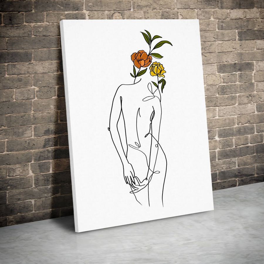 Minimalist Woman Back Line Art Canvas | Botanical Floral Head Portrait | Premium Gallery Wrap Print | Modern Feminine Home Decor Wall Art