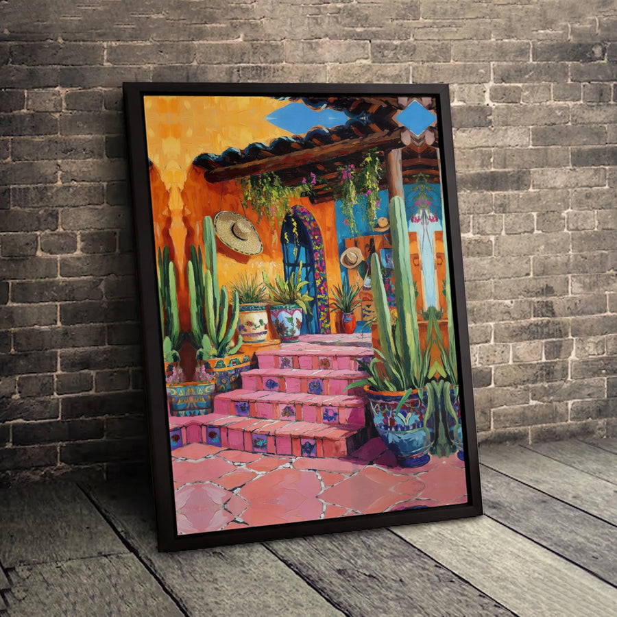 Mexican Hacienda Wall Art | Vibrant Cactus Courtyard Painting | Premium Gallery-Wrapped Canvas | Southwestern Home Decor Gift