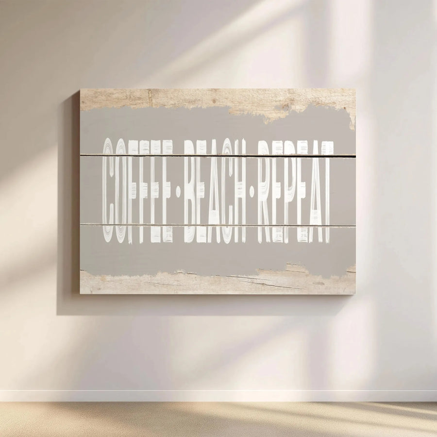 Coffee Beach Repeat Canvas Wall Art | Rustic Wood Plank Effect Print | Premium Quality Canvas | Coastal Home Decor Gift for Beach Lover