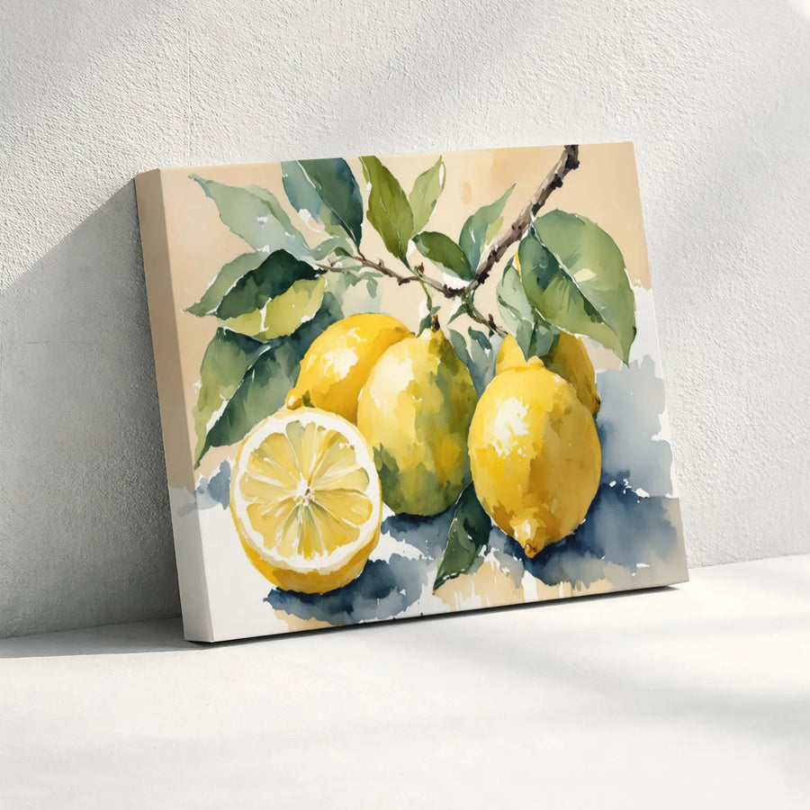 Watercolor Lemon Branch Canvas Art | Citrus Fruit Kitchen Wall Decor | Premium 1.25 Inch Gallery Wrap | Botanical Fruit Print for Home Gift