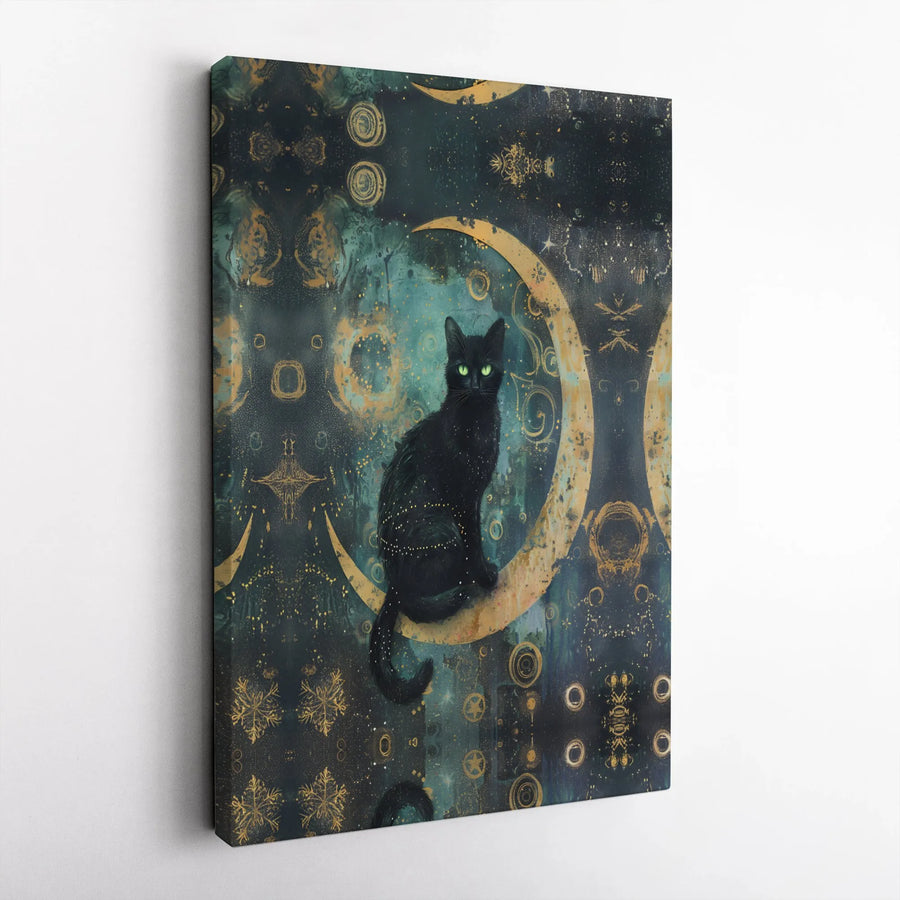 Black Cat Wall Art | Celestial Crescent Moon Design | Premium Gallery Canvas | Witchy Decor Gift for Cat Lovers