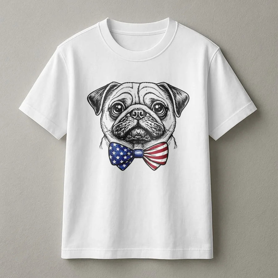 Patriotic Pug T-Shirt | American Flag Bow Tie Graphic | Soft Cotton Blend Crewneck | Gift for Dog Lover, 4th of July Apparel