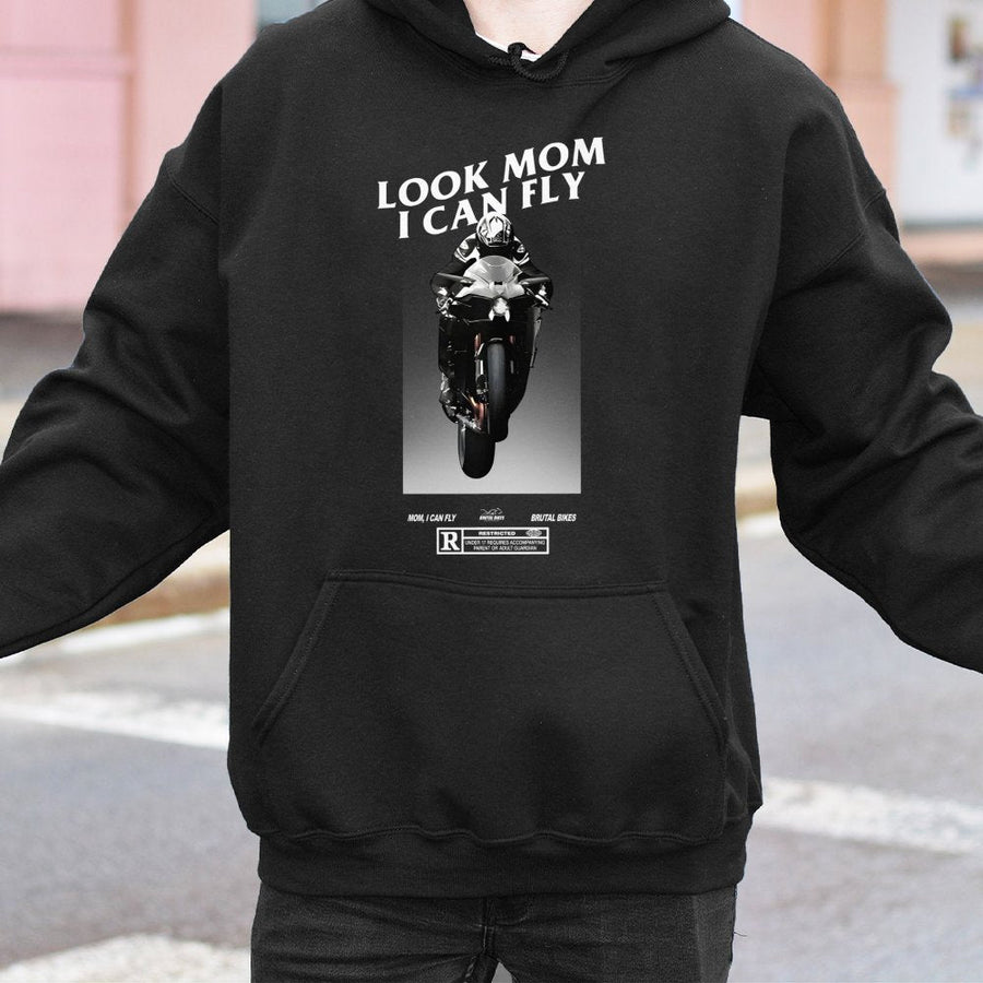 Look Mom I Can Fly Hoodie | Motorcycle Wheelie Graphic Print | Premium Cotton-Blend Pullover | Gift For Biker Adrenaline Junkie