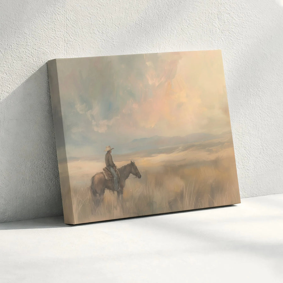 Lone Cowboy Western Wall Art | Sunset Horseback Landscape Canvas Print | Gallery-Quality Fade-Resistant Decor | Gift for Ranch Home Lovers