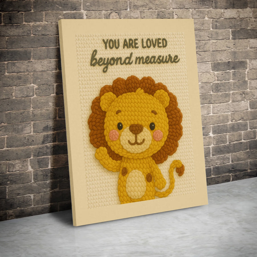 Cute Lion Canvas Wall Art | 'You Are Loved' Quote with Knitted-Look Texture | Premium Gallery Print | Baby Shower Gift & Nursery Room Decor