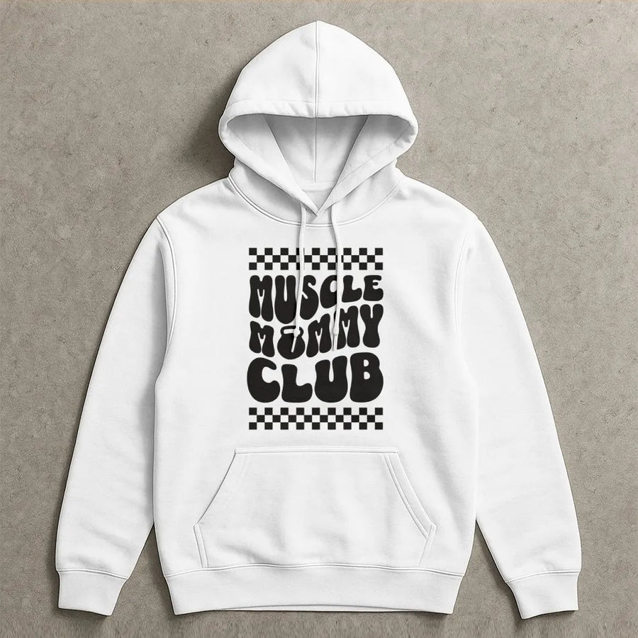 Muscle Mommy Club Hoodie | Retro Checkerboard Weightlifting Design | Premium Soft Fleece Blend | Funny Gym Pump Cover Gift For Her