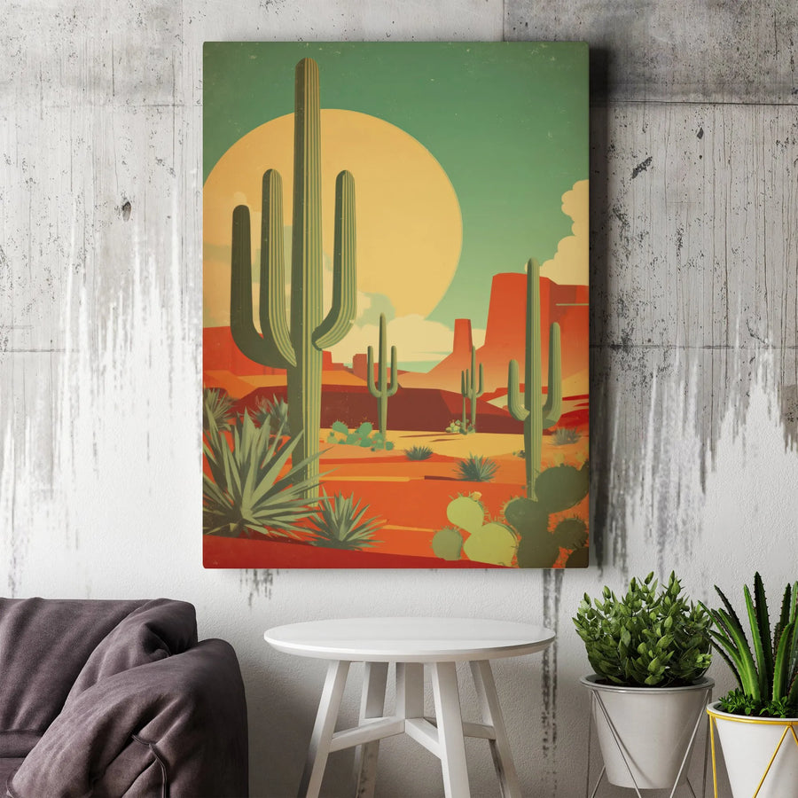 Retro Desert Canvas Wall Art | Saguaro Cactus Mid Century Modern Print | Premium Gallery Wrapped Decor | Southwestern Landscape Home Gift