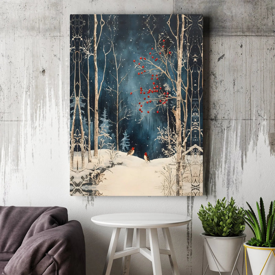 Winter Forest Canvas Wall Art | Snowy Bird & Red Berry Landscape | Gallery Wrapped Premium Decor | Holiday Seasonal Gift for Nature Lovers
