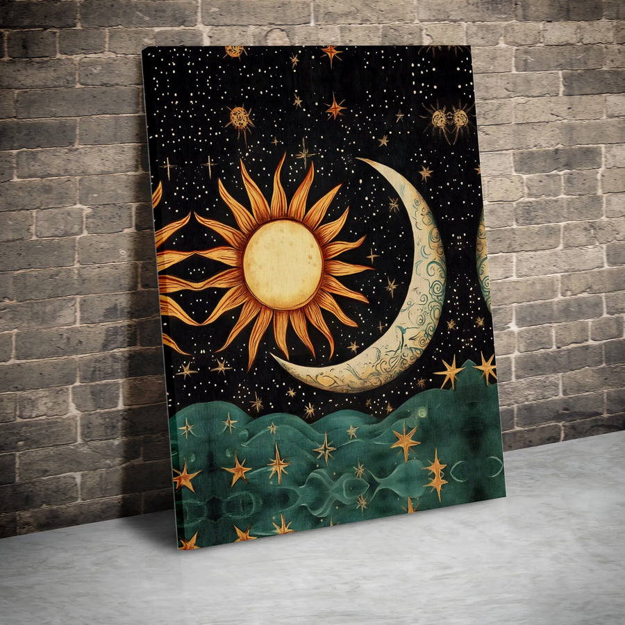 Celestial Sun and Moon Canvas Art | Boho Galaxy Wall Decor | Gallery Wrapped Premium Print | Mystical Cosmic Gift for Home Office