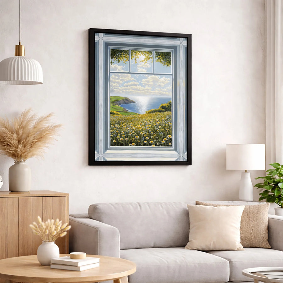 Coastal Window View Canvas Wall Art | Daisy Field Ocean Landscape | Gallery-Wrapped Premium Print | Calming Nature Decor for Living Room