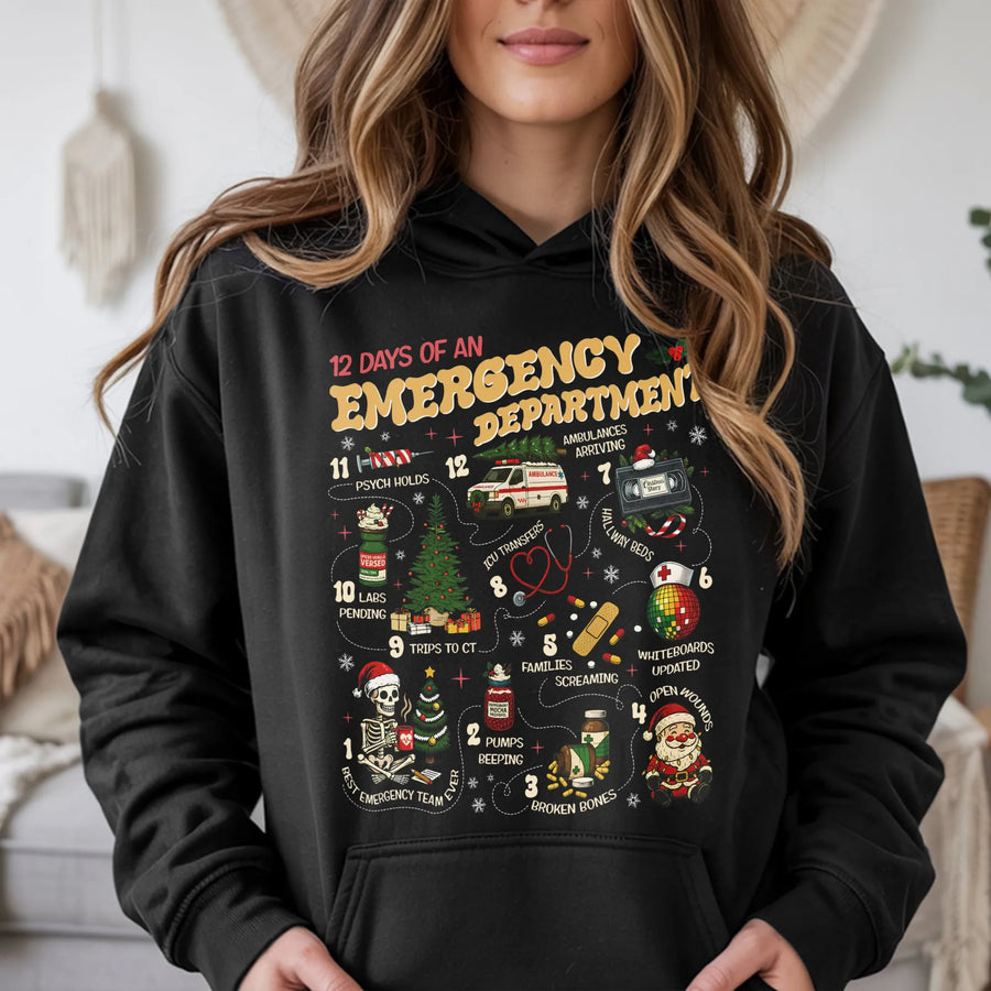 12 Days of Emergency Department Hoodie | Funny ER Nurse Christmas Sweater Design | Premium Cotton Blend | Gift for Doctors & Medical Staff