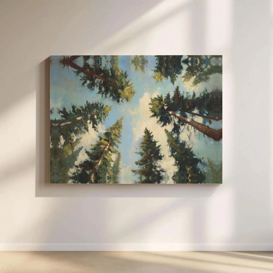 Pine Tree Forest Canvas Wall Art | Looking Up At Blue Sky Nature Print | Gallery Quality 1.25" Profile | Modern Woodland Home Decor Gift