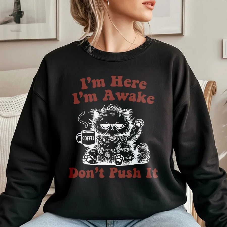 I'm Here I'm Awake Don't Push It Sweatshirt | Funny Grumpy Cat Coffee Graphic | Premium Cotton Blend Crewneck | Sarcastic Gift for Coffee Lovers