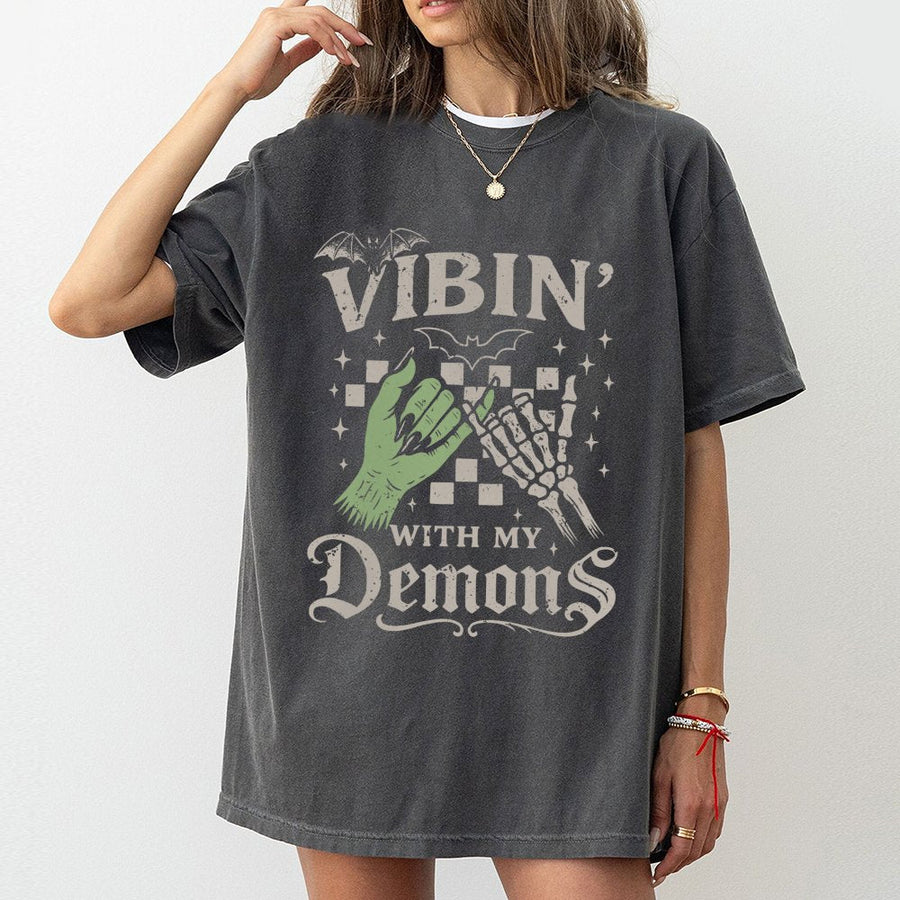 Vibin With My Demons T-Shirt | Retro Skeleton Hand Graphic Tee | 100% Soft Cotton Premium Quality | Spooky Halloween Gift for Men and Women