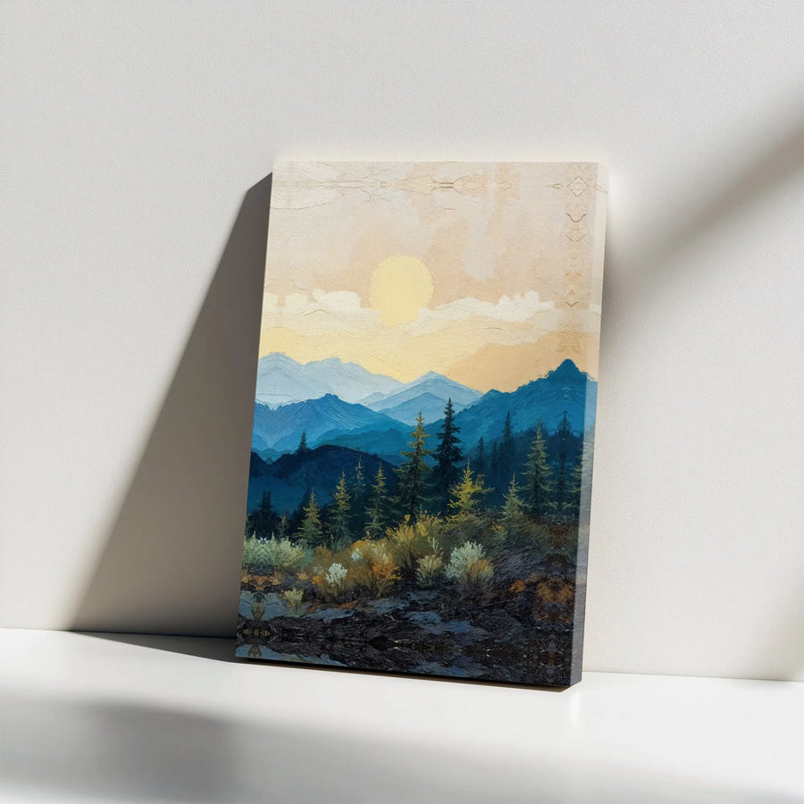 Mountain Landscape Canvas Print | Misty Forest Sunrise Painting | Premium Gallery Wrapped Art | Rustic Cabin Decor Gift