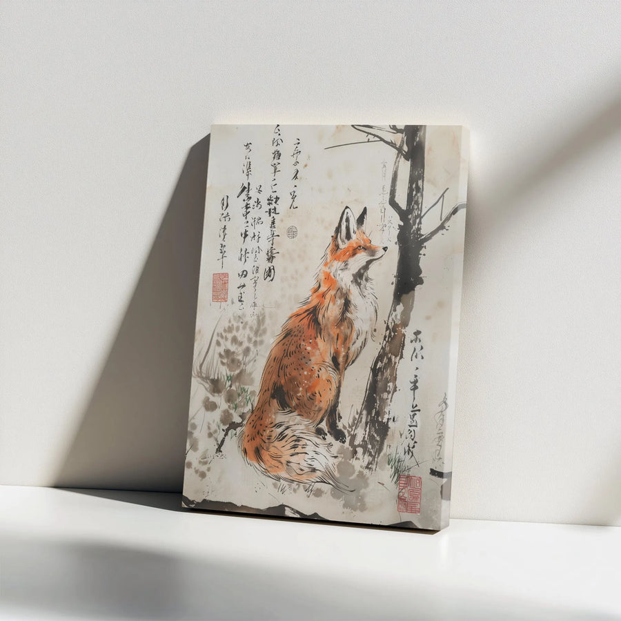 Japanese Fox Painting Vertical Canvas | Vintage Sumi-e Ink Wash Style with Calligraphy | Premium Unframed Print | Unique Collector Gift for Zen Home Decor