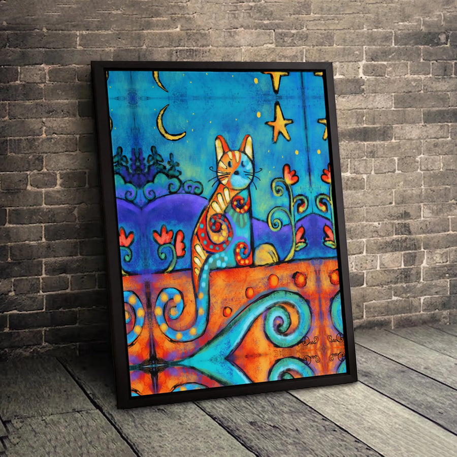 Whimsical Cat Wall Art | Colorful Folk Art Style Canvas Print | Premium Gallery-Wrapped Decor | Gift for Cat Lovers
