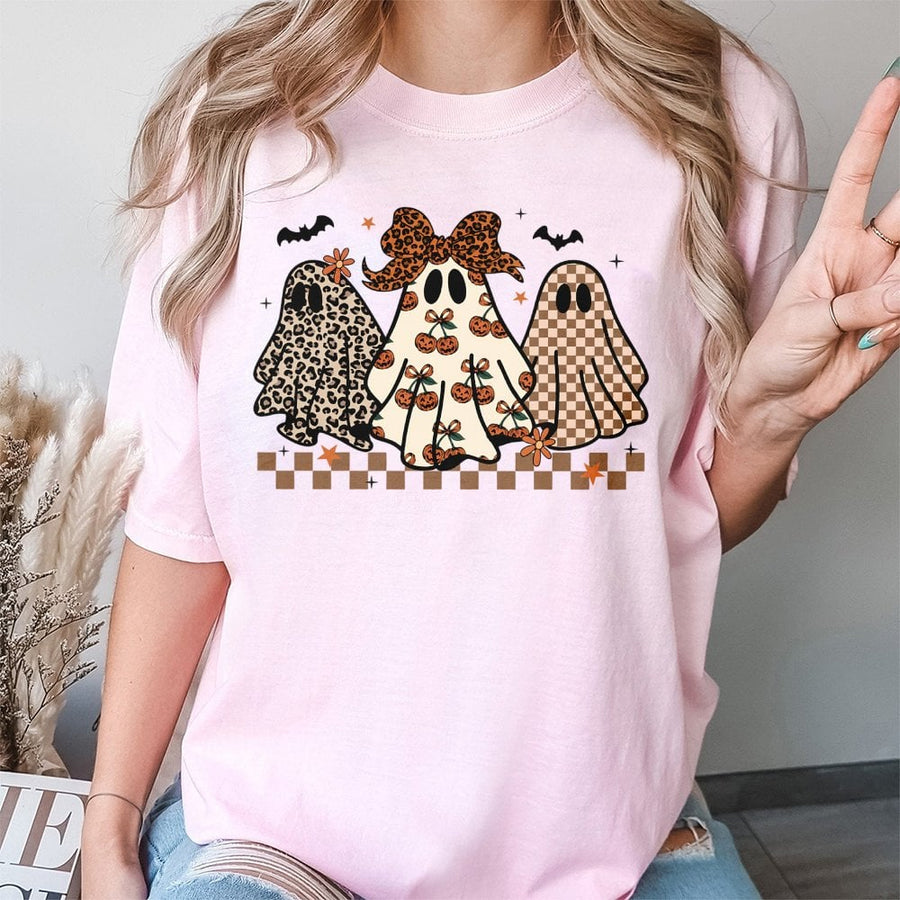 Preppy Halloween Ghost T-Shirt | Leopard Print and Checkerboard Spooky Design | Premium 100% Cotton | Cute Fall Gift for Women and Teens