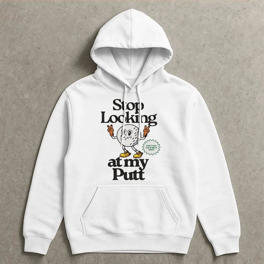 Funny Golf Hoodie | Stop Looking At My Putt Retro Graphic | Premium Cotton Blend Pullover | Humorous Golfer Gift for Dad