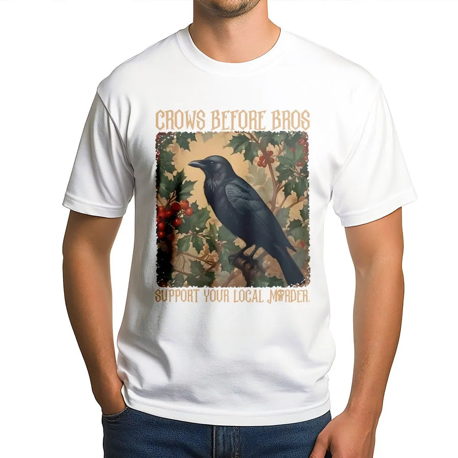 Crows Before Bros Shirt | Funny Feminist Raven Graphic with Holly Branch | Premium Cotton Tee | Gift for Bird Lovers, Witchy Women