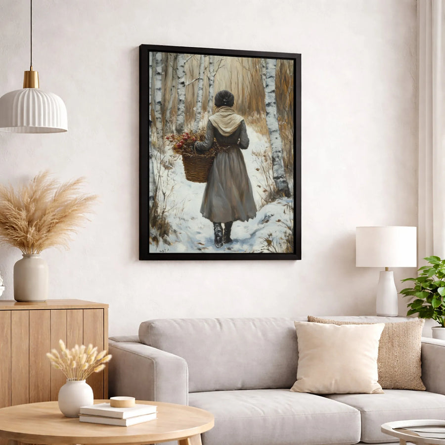 Winter Birch Forest Wall Art | Woman With Berry Basket Oil Painting Style | 1.25-Inch Premium Canvas Print | Cozy Seasonal Home Decor Gift