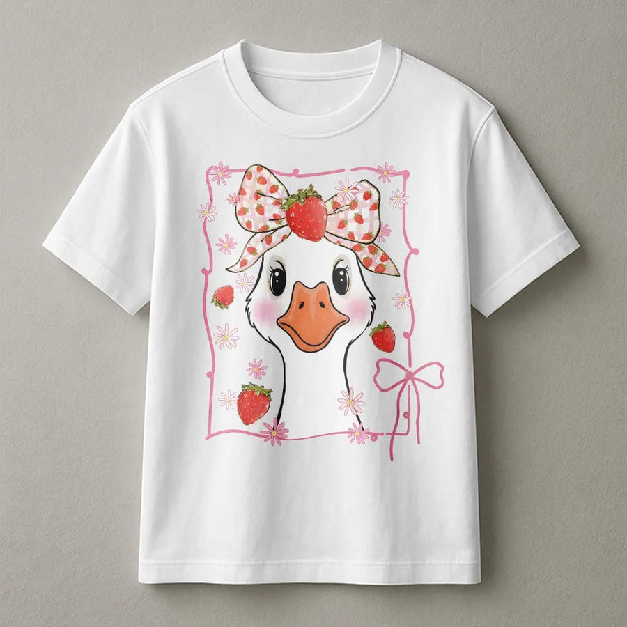 Cute Strawberry Goose T-Shirt | Coquette Aesthetic Bow Graphic | 100% Cotton Premium Tee | Cottagecore Gift for Her