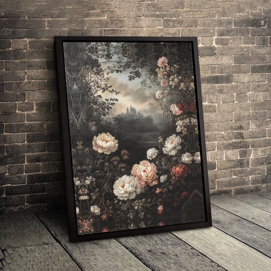 Dark Moody Floral Wall Art | Gothic Castle Botanical Landscape Print | Gallery Quality 1.25" Canvas | Romantic Home Decor Gift