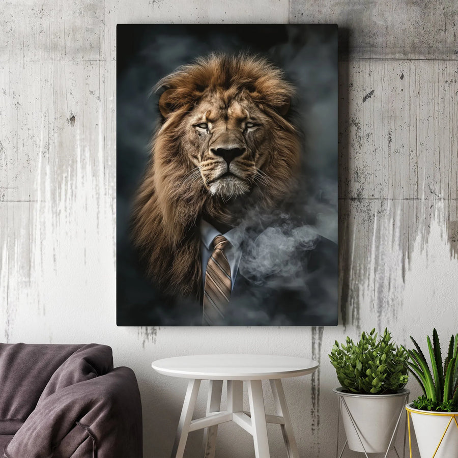 Lion in Suit Canvas Wall Art | Smoking Lion Portrait | Premium Gallery Wrapped Decor | Motivational Office Gift for Men