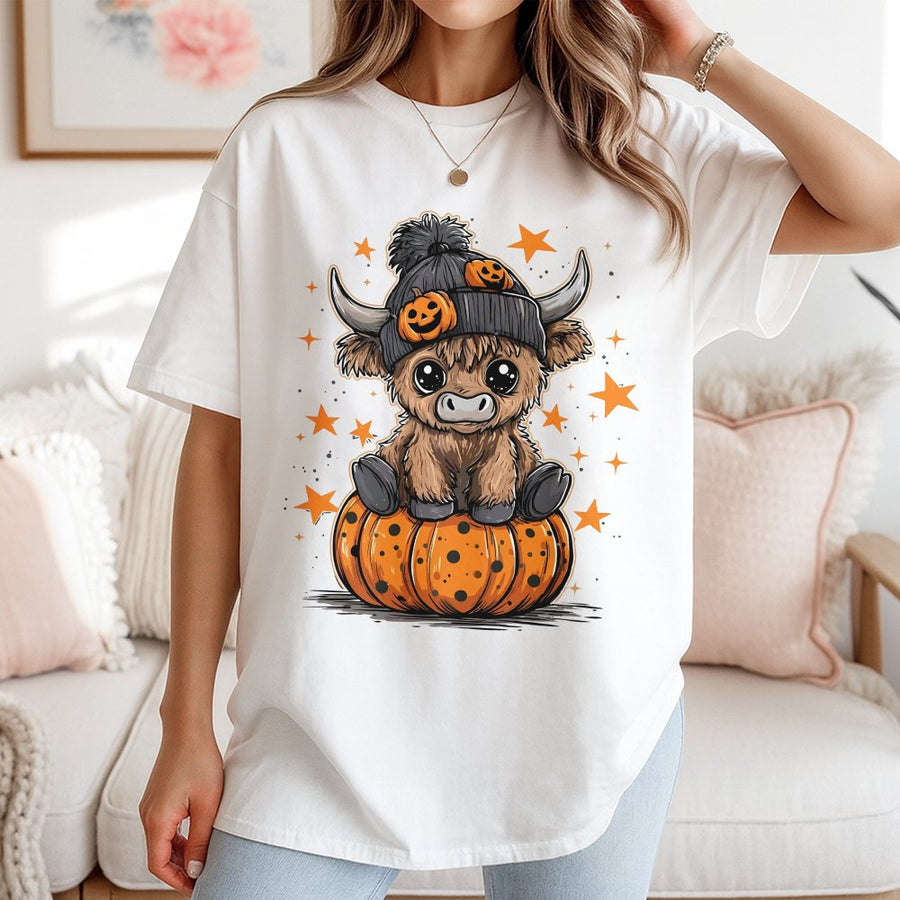 Halloween Highland Cow T-Shirt | Cute Baby Cow with Pumpkin Beanie Graphic | Soft 100% Cotton Premium Tee | Fun Fall Pumpkin Patch Gift for Women