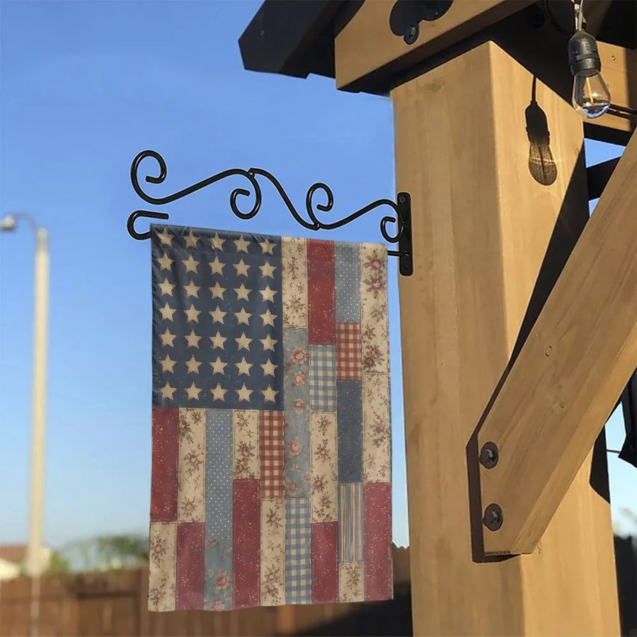 Vintage American Flag Garden Flag | Rustic Patchwork Floral & Plaid Design | Double-Sided Weather-Resistant Polyester | Patriotic Outdoor Yard Decor Gift