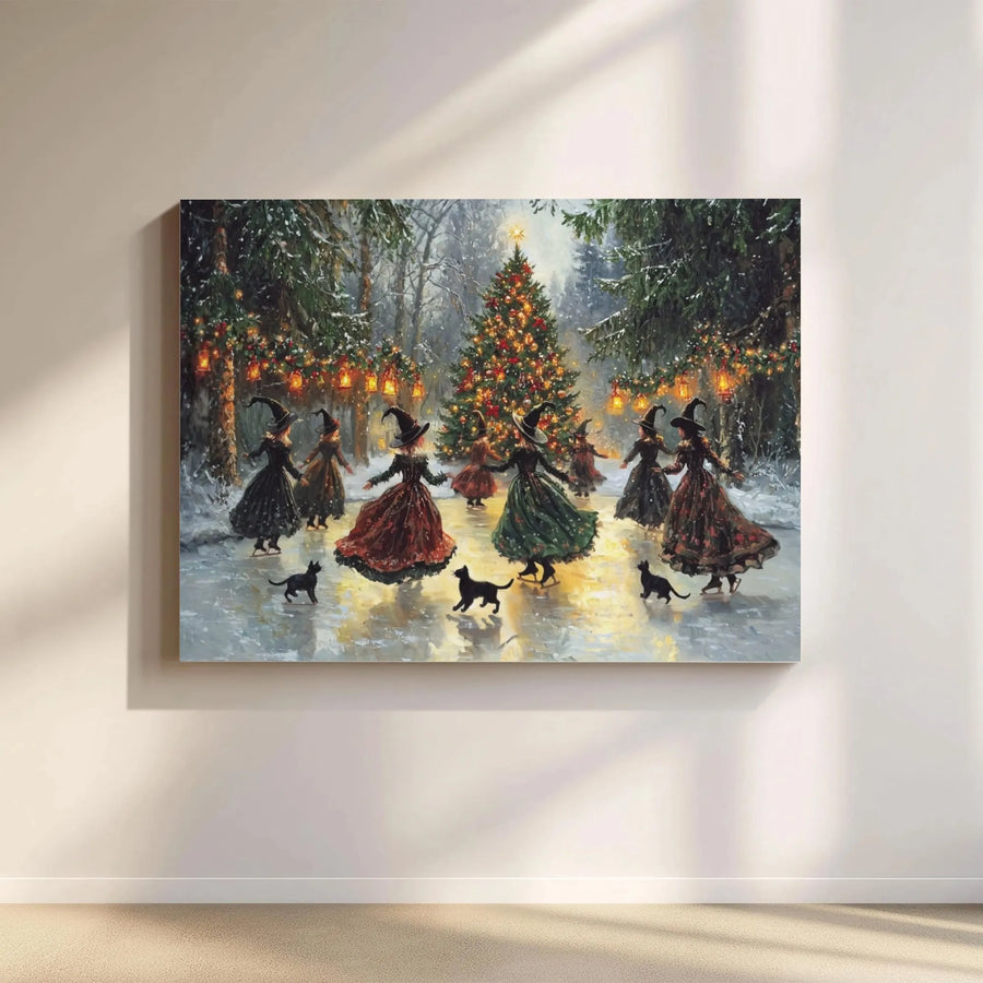 Witches Ice Skating Christmas Tree Canvas | Magical Winter Holiday Wall Art | Premium Gallery Wrapped Decor | Whimsical Gothic Holiday Gift