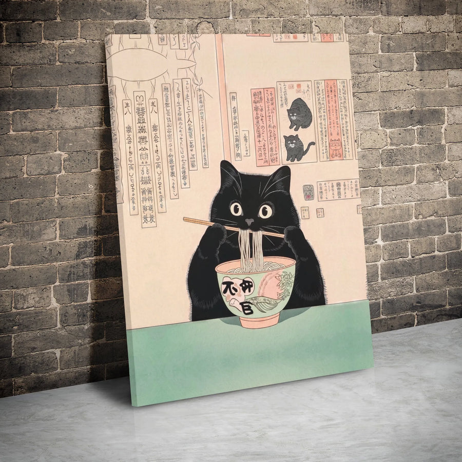 Japanese Black Cat Ramen Canvas Art | Ukiyo-E Style Noodle Bowl Print | Premium Gallery-Wrapped Canvas | Quirky Kitchen & Home Decor Gift