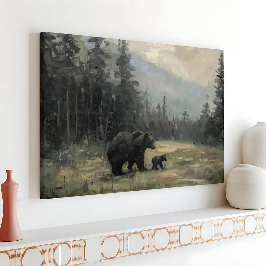 Mother Bear and Cub Wall Art | Impressionist Forest Wildlife Painting | Premium Gallery Wrap Canvas | Rustic Home Decor Gift for Nature Lovers