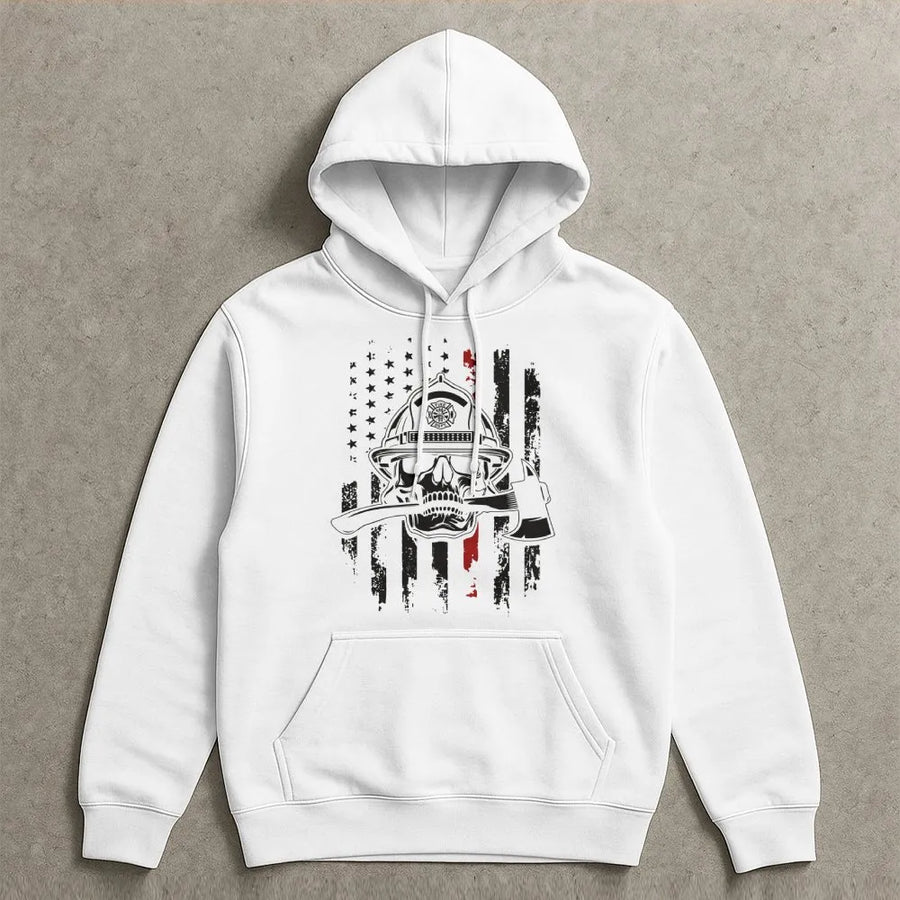 Firefighter Skull Hoodie | Thin Red Line Flag With Axe Graphic | Premium Cotton Blend | Gift For Fireman Fire Department Support