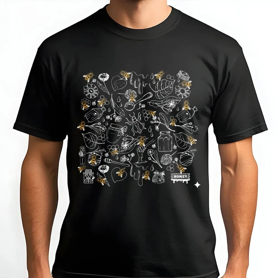 Botanical Bee T-Shirt | Vintage Honeycomb Doodle Print | Soft Cotton Blend Pullover | Gift for Nature Lover
