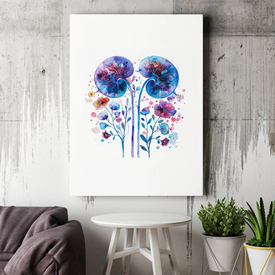 Watercolor Kidneys Anatomy Wall Art | Floral Human Organ Canvas Print | Premium Gallery Wrap Decor | Unique Medical Student or Nephrologist Gift