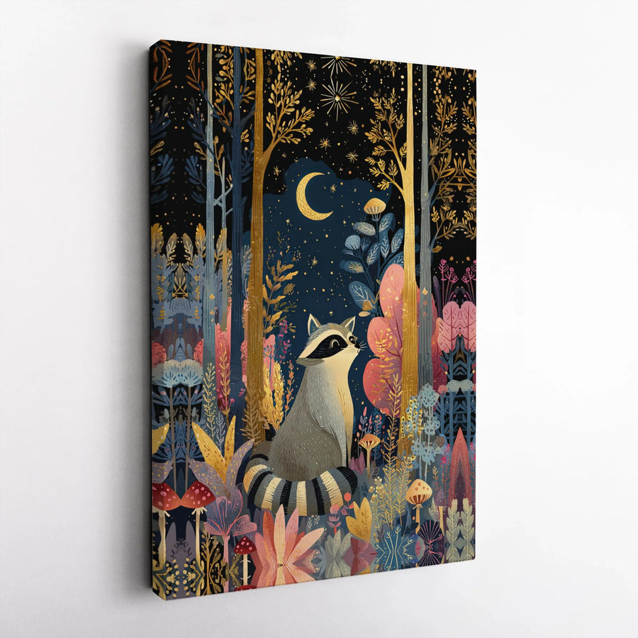 Whimsical Raccoon Canvas Print | Magical Midnight Forest Wall Art | Premium Gallery Wrapped Canvas | Woodland Animal Nursery Decor Gift