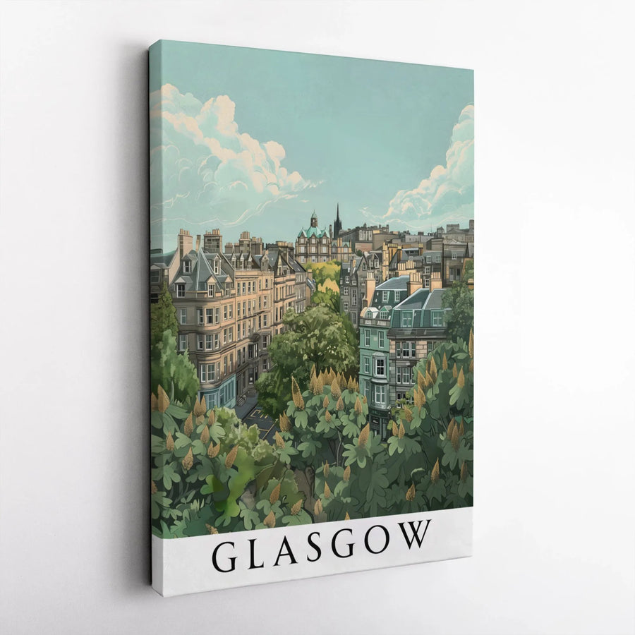 Glasgow Cityscape Wall Art | Vintage Travel Illustration Poster | Premium Gallery Wrapped Canvas | Scotland Travel Gift Home Decor