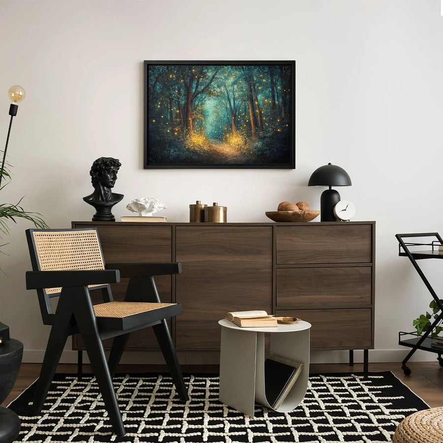 Enchanted Forest Wall Art | Glowing Firefly Path Canvas Print | Premium Gallery-Wrapped Decor | Whimsical Nature Landscape For Home