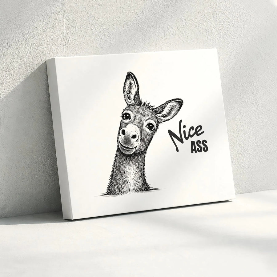 Funny 'Nice Ass' Donkey Canvas Print | Minimalist Sketch Animal Art | Premium Gallery Wrapped Wall Decor | Unique Bathroom Humor Gift