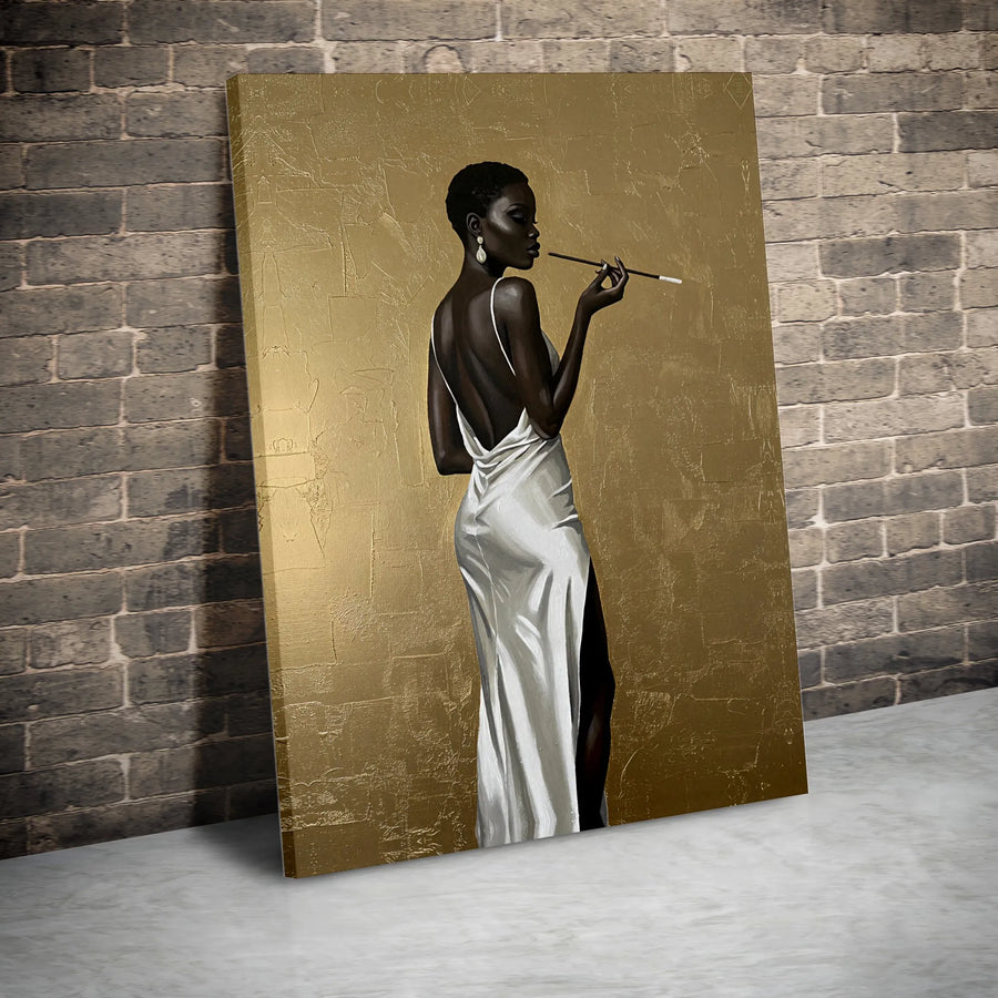 Black Woman Art Print | Elegant Fashion Lady in White Dress | Premium Gallery Wrap Canvas | Luxury Home Decor Gift for Her