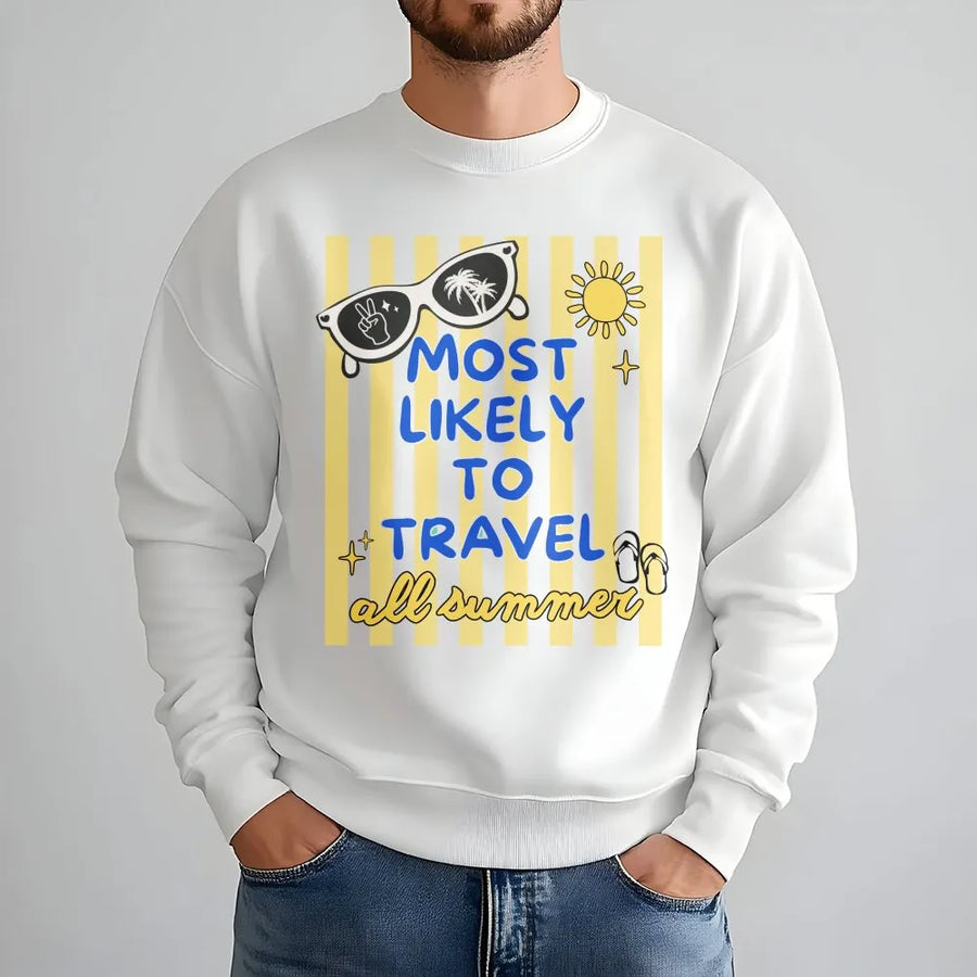 Most Likely To Travel Sweatshirt | Retro Summer Vacation Graphic | Cozy Cotton Blend Crewneck | Funny Family Trip Gift for Her