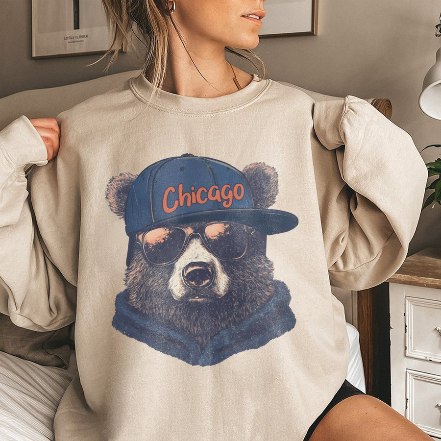 Chicago Bear With Sunglasses And Baseball Cap Sweatshirt