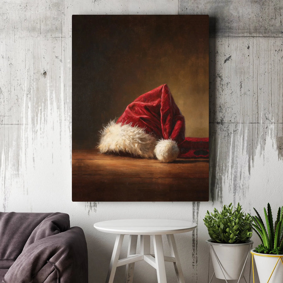 Santa Hat Oil Painting Wall Art | Rustic Christmas Holiday Canvas Print | Gallery Wrapped Premium Decor | Festive Winter Home Office Gift